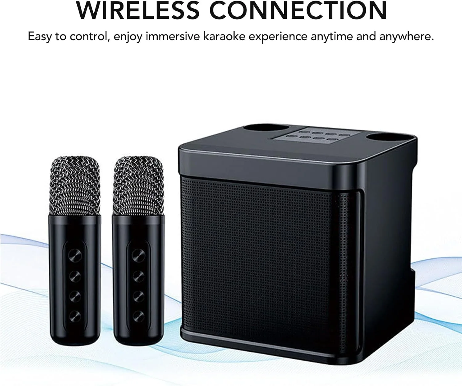 اسپیکر کارائوکه بی‌سیم، دستگاه کارائوکه کوچک قابل حمل با اسپیکر بلوتوث و 2 میکروفون بی‌سیم، ساب ووفر قدرتمند، اتصال بی‌سیم، برای مهمانی خانگی و کمپینگ