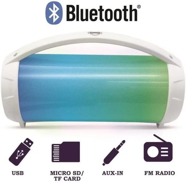 اسپیکر بلوتوث قابل حمل LEXIBOOK BTP585Z iParty با میکروفون، استریو، جلوه های نوری، کارائوکه، بی سیم، رادیو FM، USB، کارت SD، باتری قابل شارژ، سفید