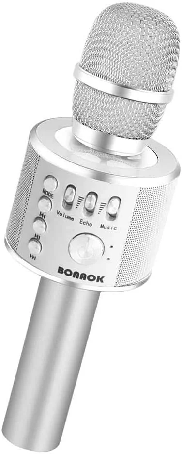 میکروفون کارائوکه بلوتوث بی سیم BONAOK مدل Q37 نقره ای - میکروفون و اسپیکر کارائوکه قابل حمل 3 در 1 مناسب جشن تولد، مهمانی خانگی، اندروید، آیفون، کامپیوتر و سایر گوشی های هوشمند