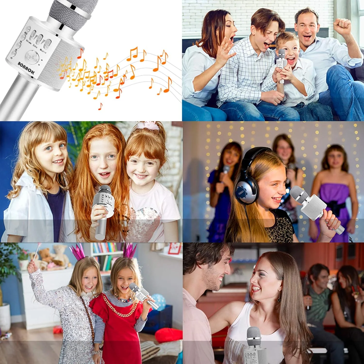 میکروفون کارائوکه بلوتوث بی سیم BONAOK مدل Q37 نقره ای - میکروفون و اسپیکر کارائوکه قابل حمل 3 در 1 مناسب جشن تولد، مهمانی خانگی، اندروید، آیفون، کامپیوتر و سایر گوشی های هوشمند