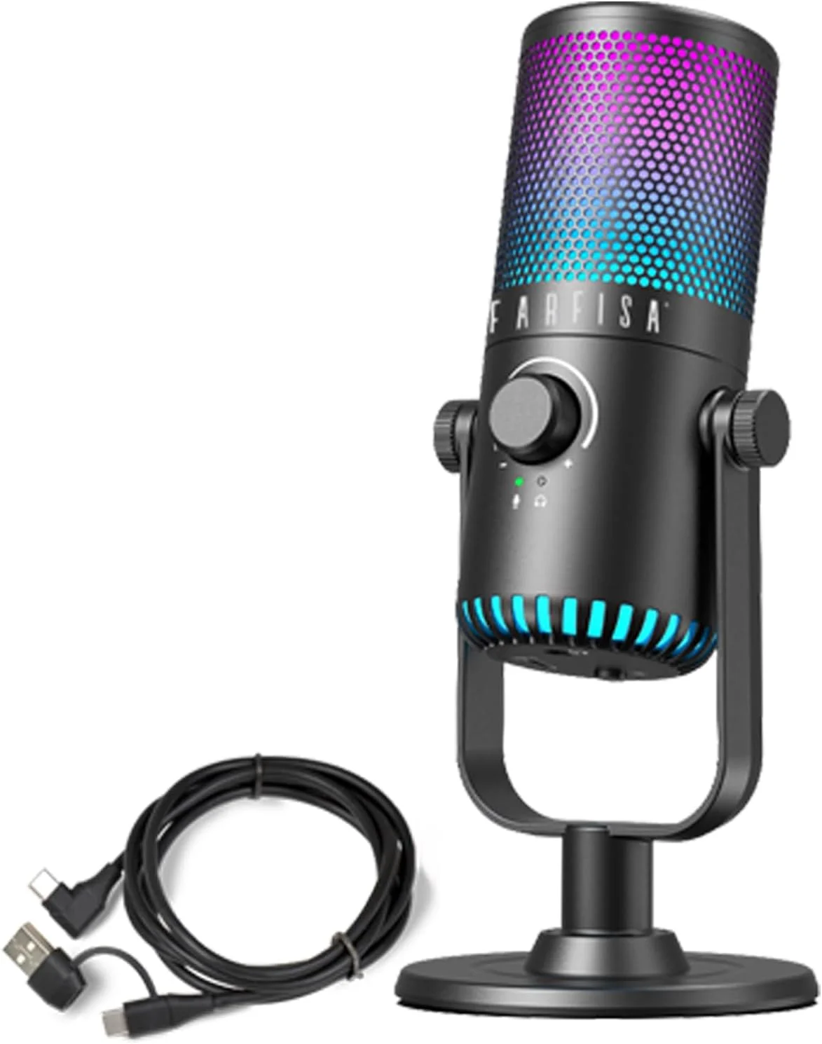 میکروفون کاندنسر دیجیتال حرفه ای Farfisa، ایده آل برای بازی، پادکست و ضبط، با نورپردازی RGB قابل تنظیم، 82 x 190 x 82 میلی متر