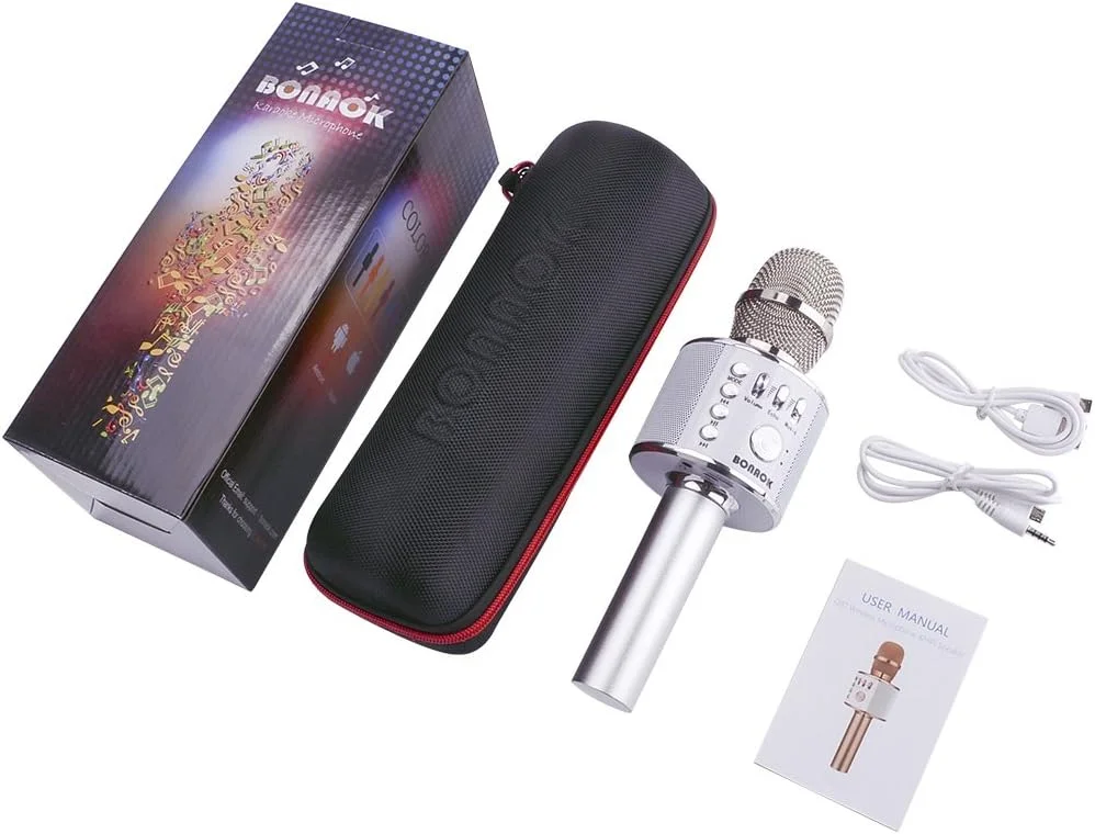 میکروفون کارائوکه بلوتوث بی سیم BONAOK مدل Q37 نقره ای - میکروفون و اسپیکر کارائوکه قابل حمل 3 در 1 مناسب جشن تولد، مهمانی خانگی، اندروید، آیفون، کامپیوتر و سایر گوشی های هوشمند