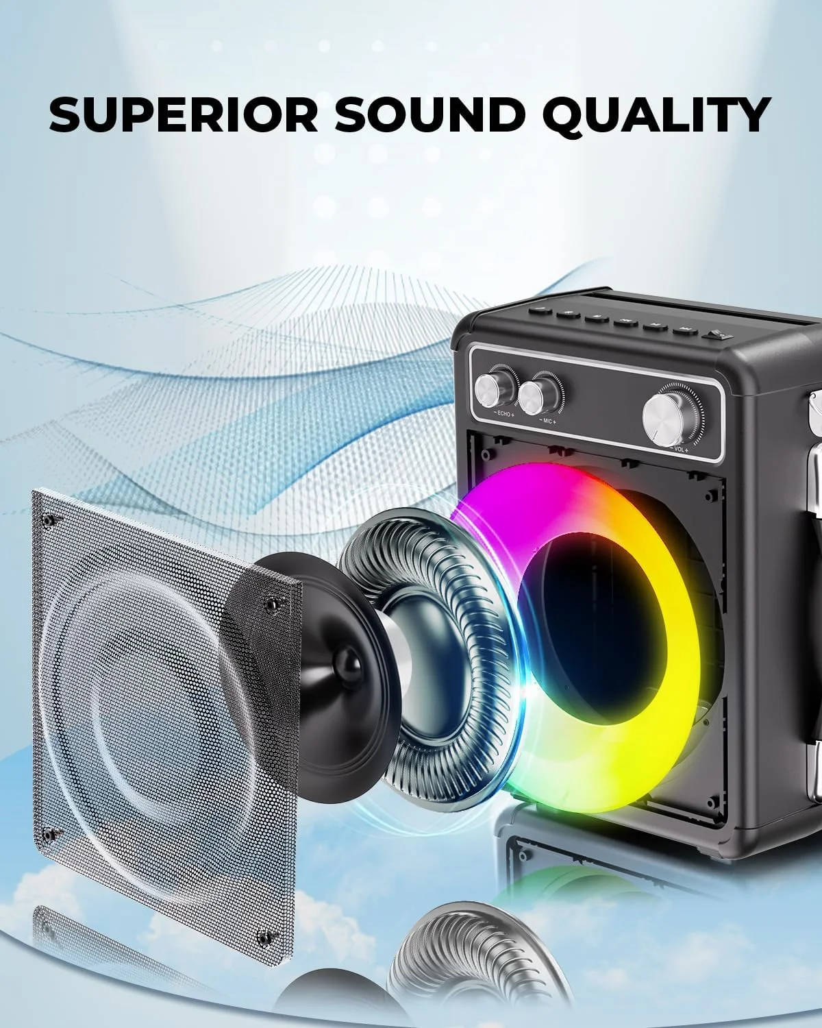 دستگاه کارائوکه قابل حمل BONAOK، سیستم کارائوکه بلوتوثی با 2 میکروفون، دستگاه اسپیکر کارائوکه مهمانی قابل شارژ، جعبه موسیقی 15 واتی با جلوه نور T03 دستگاه کارائوکه قابل حمل BONAOK، سیستم کارائوکه بلوتوثی با 2 میکروفون، دستگاه اسپیکر کارائوکه مهمانی قابل شارژ، جعبه موسیقی 15 واتی با جلوه نور T03