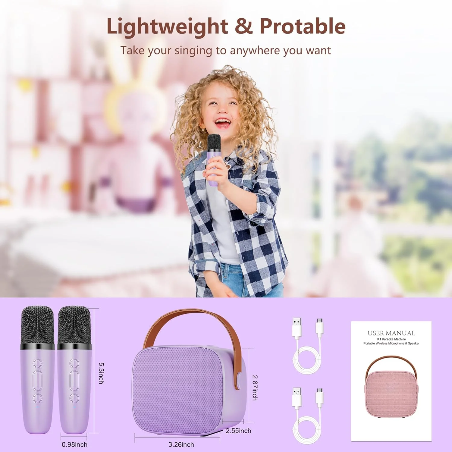 دستگاه کارائوکه BONAOK برای کودکان و بزرگسالان، میکروفون کارائوکه بلوتوثی قابل شارژ، دستگاه کارائوکه کودکانه (بنفش)