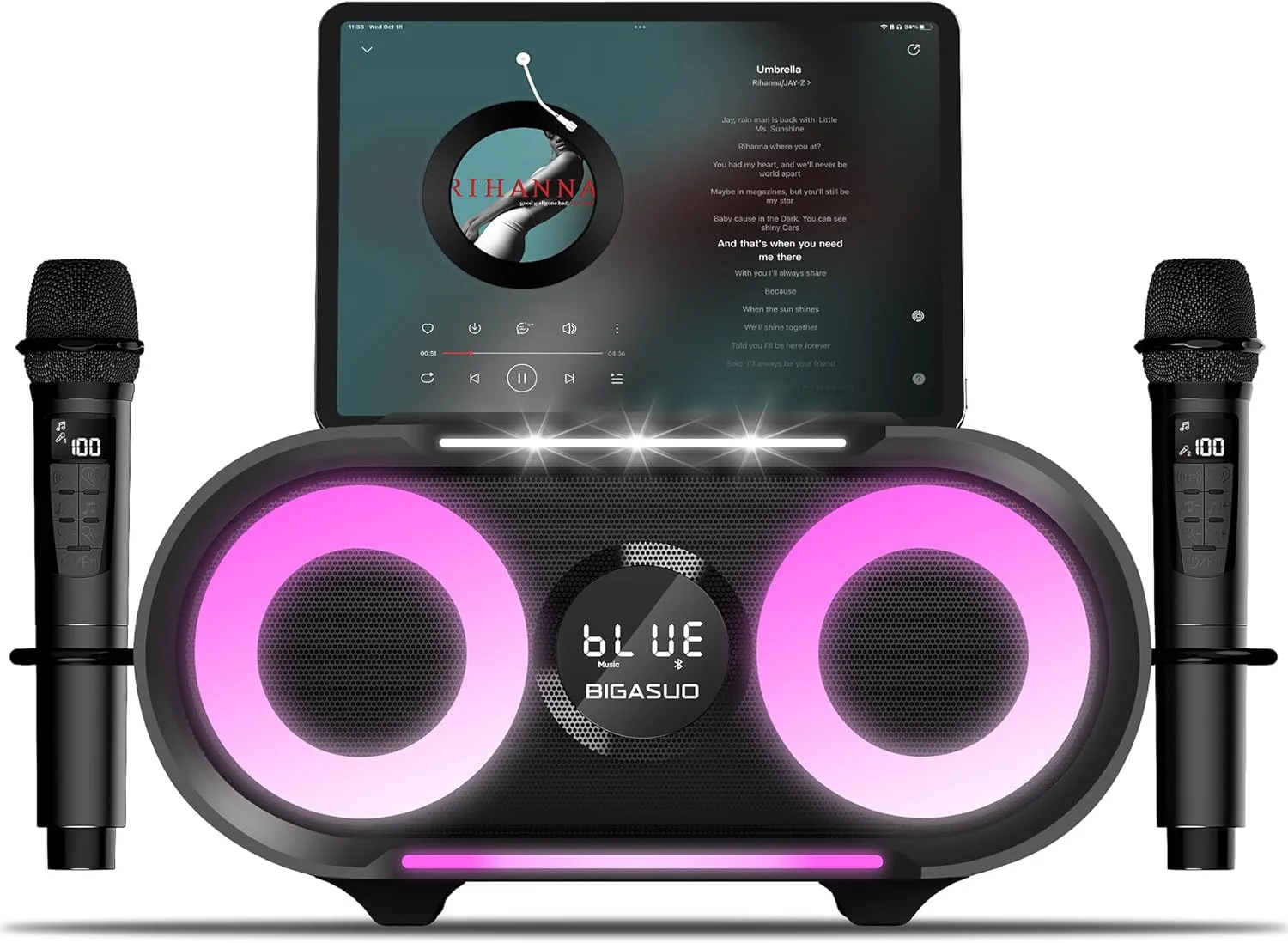 دستگاه کارائوکه BIGASUO با نورهای چشمک زن و بیس عمیق، سیستم بلندگوی بلوتوث PA قابل حمل با 2 میکروفون بی سیم UHF برای آواز خواندن