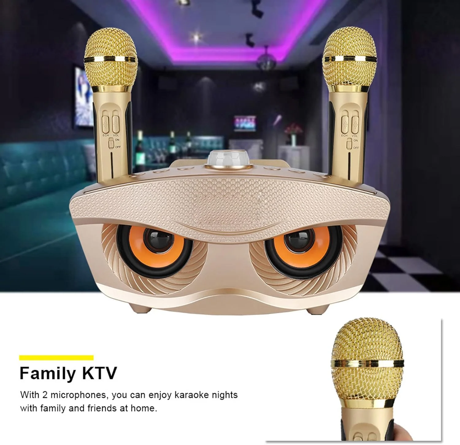 دستگاه کارائوکه Bewinner، اسپیکر بلوتوث قابل حمل با 2 میکروفون بی سیم، اسپیکر کارائوکه بلوتوث برای بزرگسالان و کودکان، دستگاه کارائوکه برای مهمانی های خانگی دختران و پسران (طلایی)، BEWINNERE19GXYO0RD-02