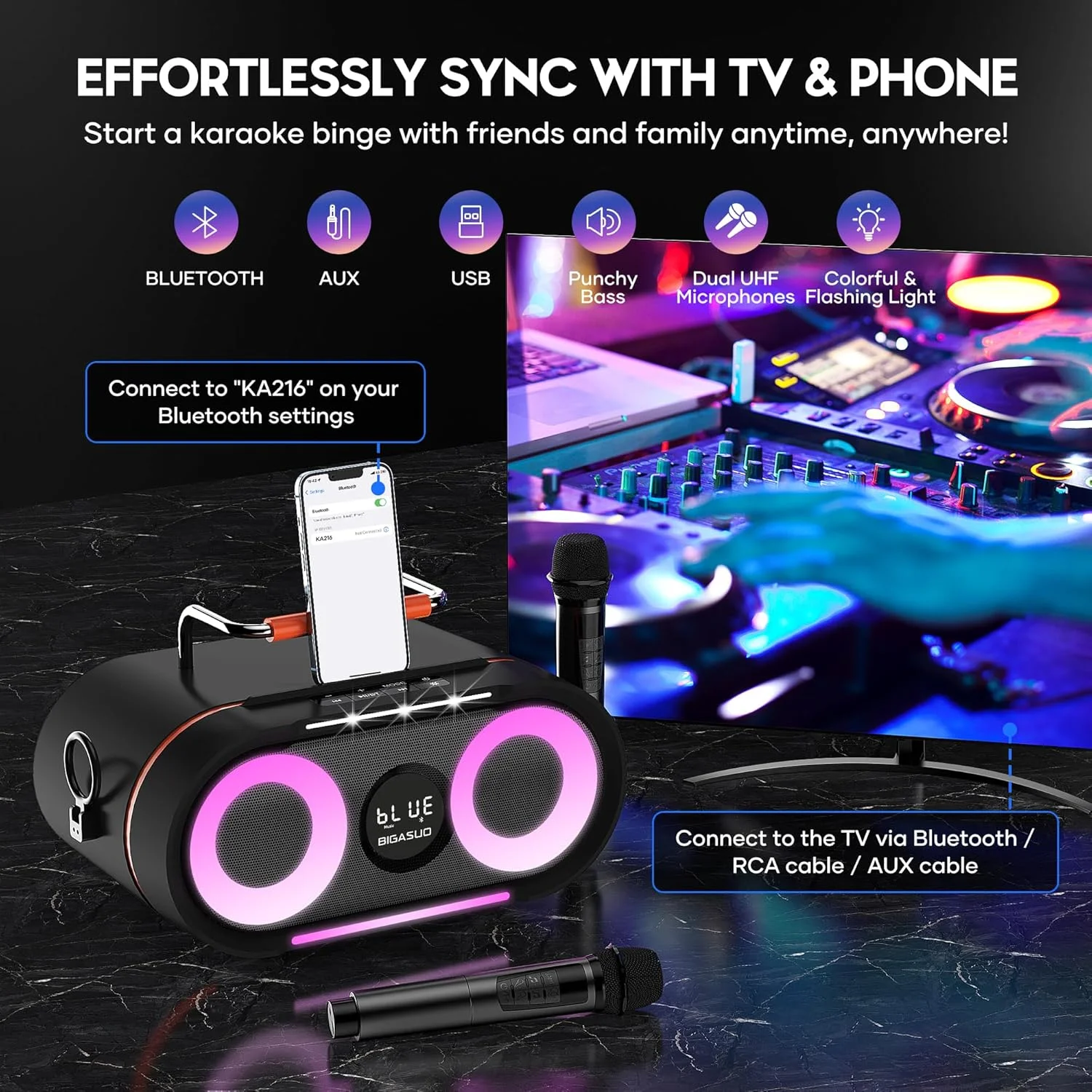 دستگاه کارائوکه BIGASUO با نورهای چشمک زن و بیس عمیق، سیستم بلندگوی بلوتوث PA قابل حمل با 2 میکروفون بی سیم UHF برای آواز خواندن