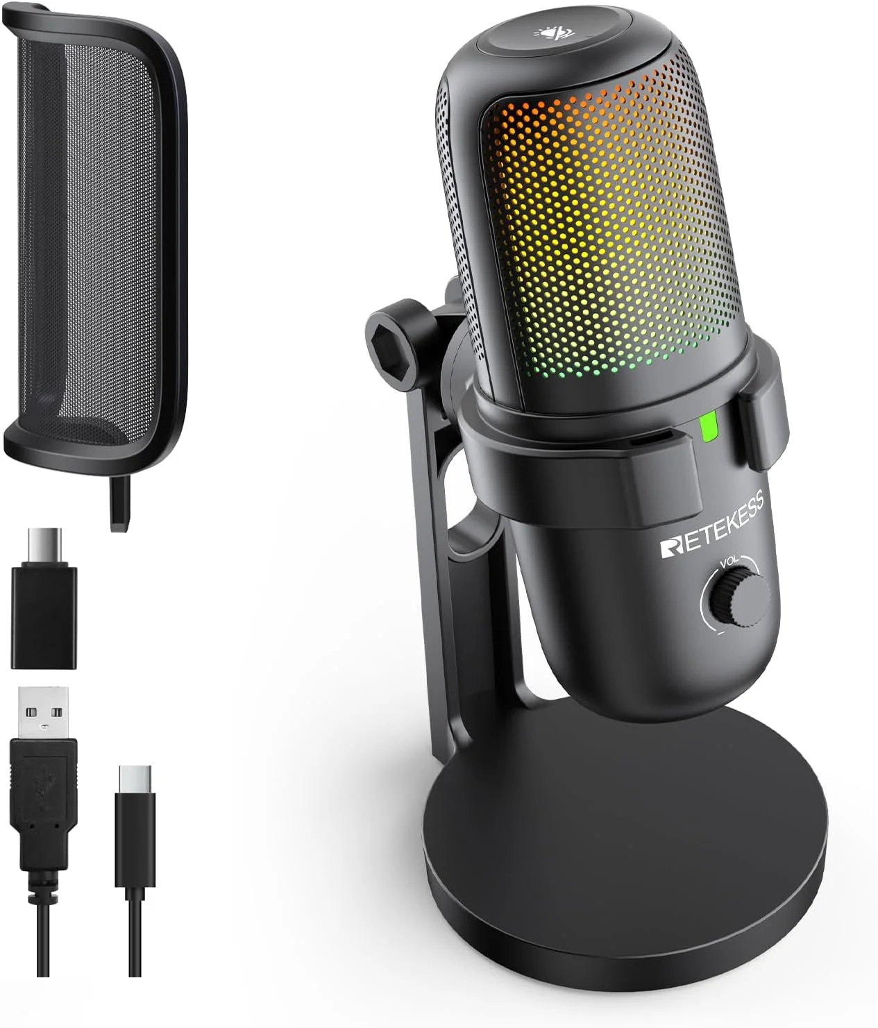 میکروفون گیمینگ Retekess TG201، میکروفون کاندنسر با قابلیت حذف نویز، دارای دکمه قطع صدا، نورهای RGB قابل چرخش، مانیتورینگ، کاردیوئید و اومنی دایرکشنال، میکروفون استریمینگ، سازگار با MacOS، ویندوز، PS4