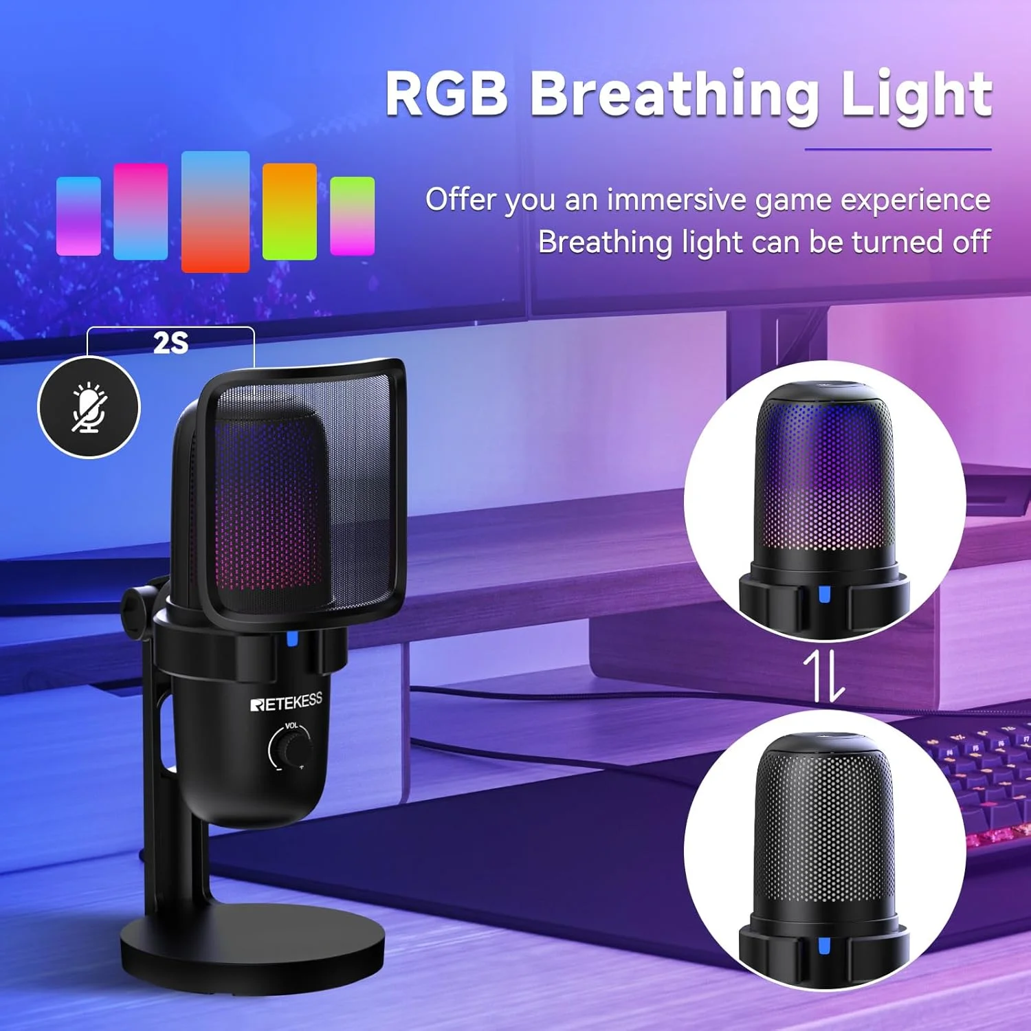 میکروفون گیمینگ Retekess TG201، میکروفون کاندنسر با قابلیت حذف نویز، دارای دکمه قطع صدا، نورهای RGB قابل چرخش، مانیتورینگ، کاردیوئید و اومنی دایرکشنال، میکروفون استریمینگ، سازگار با MacOS، ویندوز، PS4 میکروفون گیمینگ Retekess TG201، میکروفون کاندنسر با قابلیت حذف نویز، دارای دکمه قطع صدا، نورهای RGB قابل چرخش، مانیتورینگ، کاردیوئید و اومنی دایرکشنال، میکروفون استریمینگ، سازگار با MacOS، ویندوز، PS4