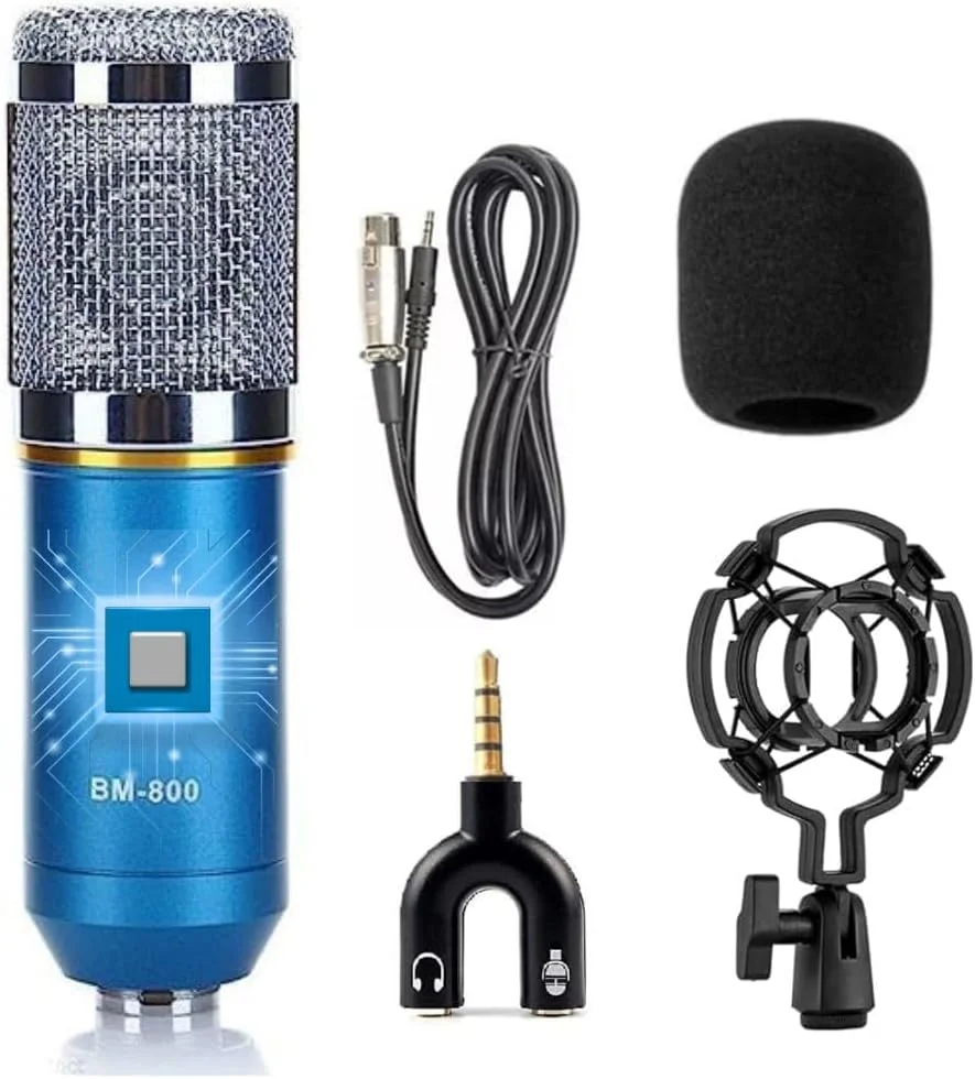 میکروفون کاندنسر TECHBLAZE BM800 به همراه لرزه گیر، کابل XLR 3.5 میلی‌متری، فیلتر ضد باد و تبدیل U شکل صدا برای استار میکر، استودیو ضبط آواز، یوتیوب (BM 800 آبی)
