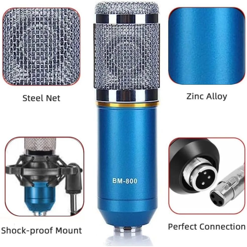 میکروفون کاندنسر TECHBLAZE BM800 به همراه لرزه گیر، کابل XLR 3.5 میلی‌متری، فیلتر ضد باد و تبدیل U شکل صدا برای استار میکر، استودیو ضبط آواز، یوتیوب (BM 800 آبی)
