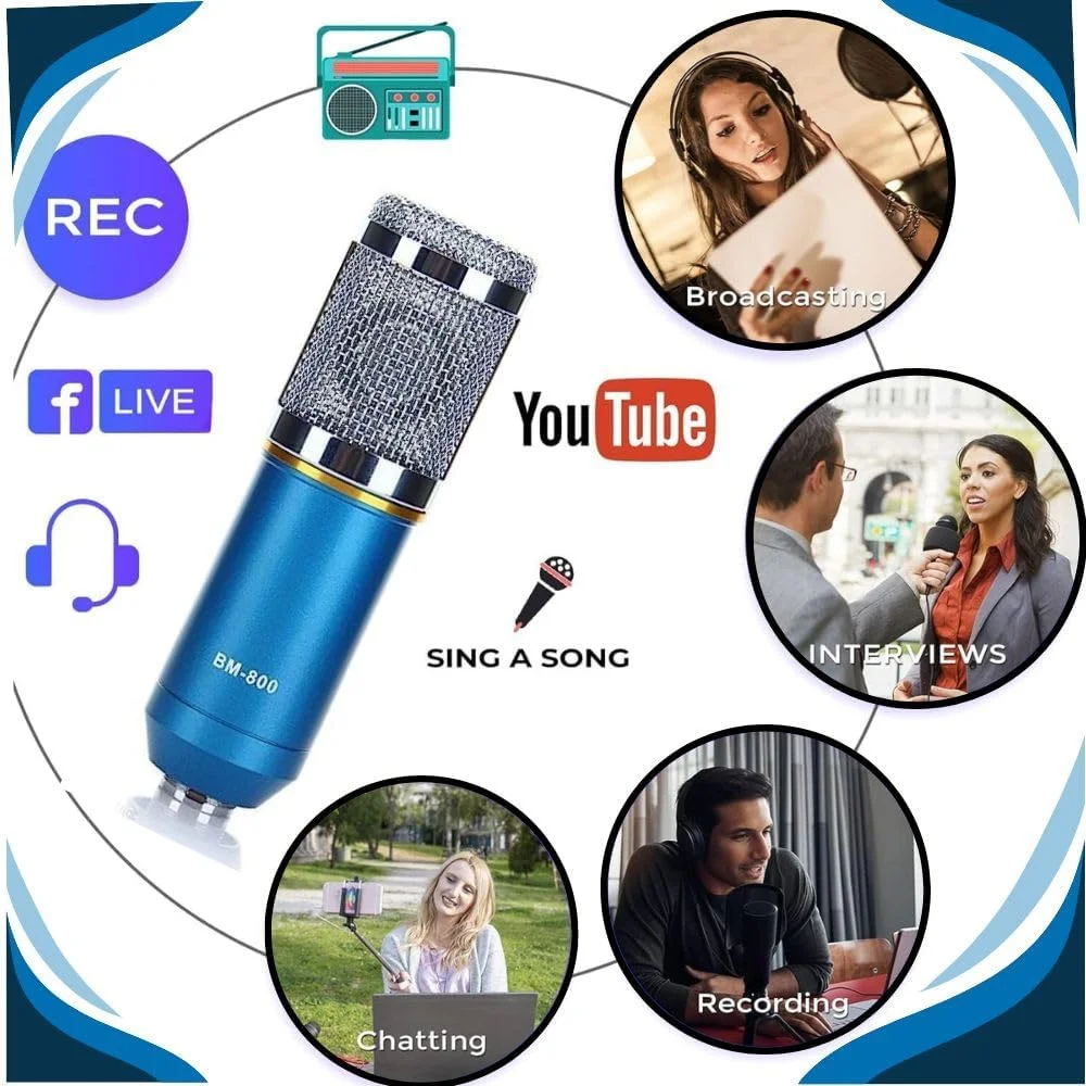 میکروفون کاندنسر TECHBLAZE BM800 به همراه لرزه گیر، کابل XLR 3.5 میلی‌متری، فیلتر ضد باد و تبدیل U شکل صدا برای استار میکر، استودیو ضبط آواز، یوتیوب (BM 800 آبی)