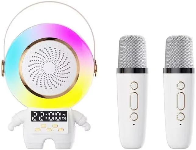 ست اسپیکر بلوتوث مینی RGB فضانورد با میکروفون کارائوکه – میکروفون صوتی با پاوربانک و ساعت LED، هدیه سرگرم کننده برای کودکان
