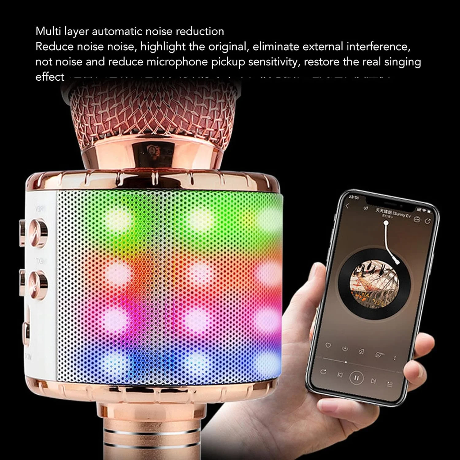 میکروفون کارائوکه بلوتوث بی سیم Asixxsix، میکروفون بلندگوی کارائوکه دستی قابل حمل، بلندگوی میکروفون بلوتوث بی سیم برای مهمانی تولد خانگی، صدای استریو HiFi (طلایی صورتی)