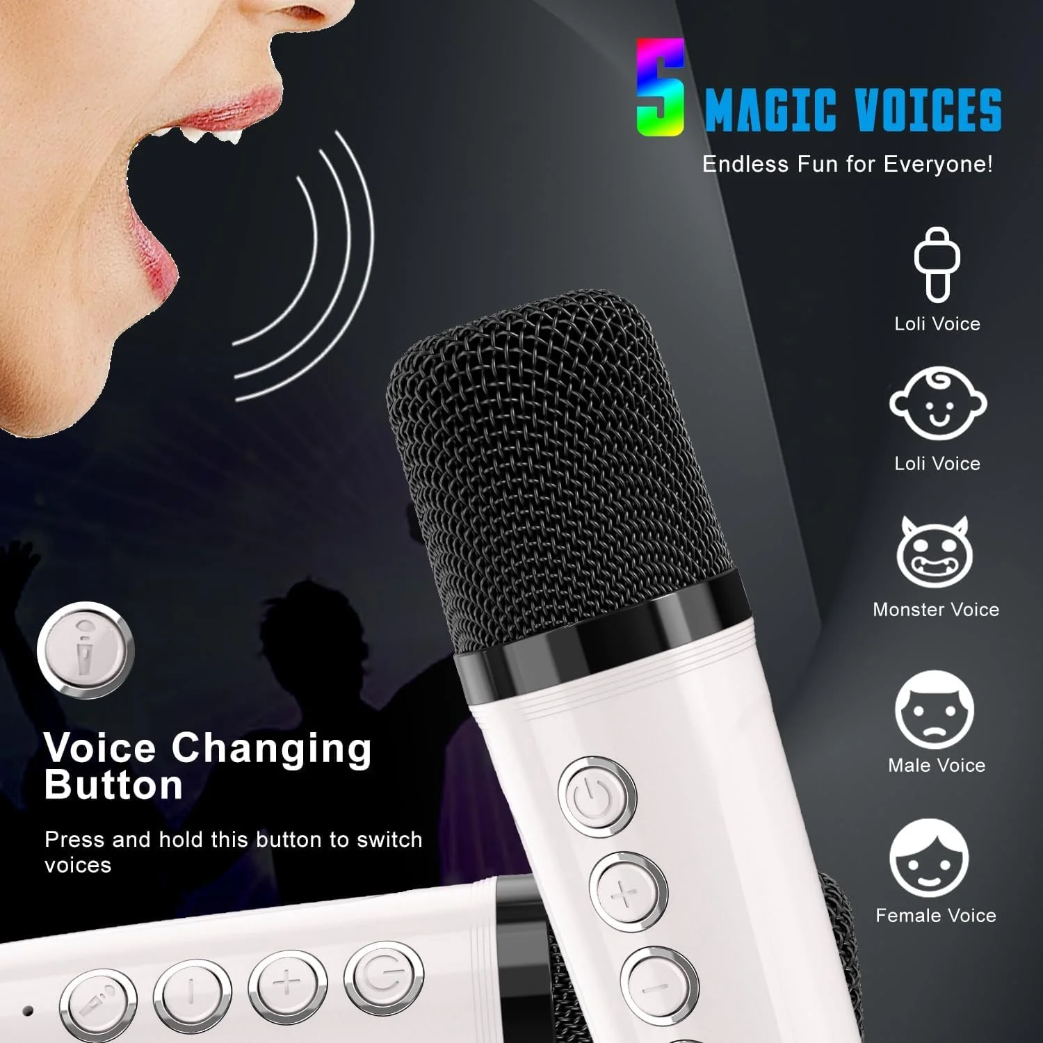 دستگاه کارائوکه کوچک برای کودکان به همراه 2 میکروفون بی سیم، دستگاه کارائوکه کودکان مناسب دختران و پسران 4-8-12 ساله، میکروفون کودکان برای آواز خواندن، دستگاه کارائوکه کودکانه (سفید)