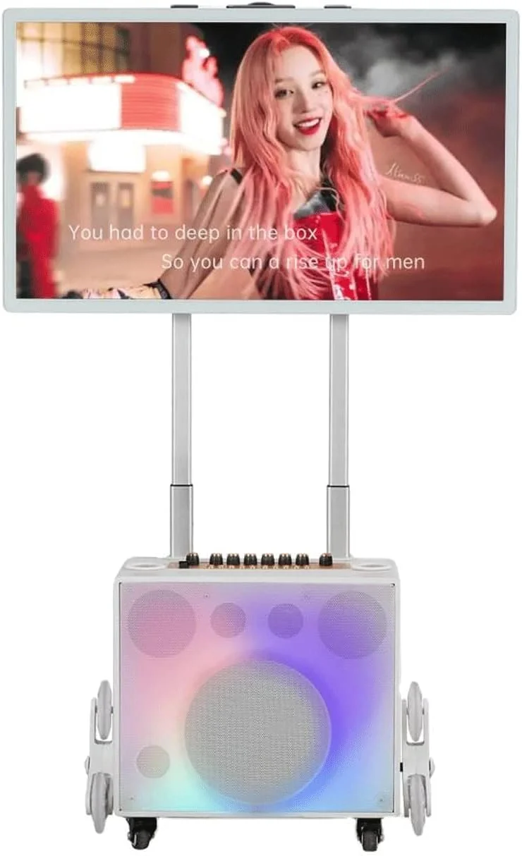 دستگاه کارائوکه قابل حمل، سیستم کارائوکه کامل شامل بلندگوهای بلوتوثی چرخ دار، 2 میکروفون بلوتوثی، توپ دیسکو، چراغ بلندگوی LED، پایه تلفن همراه - سفید