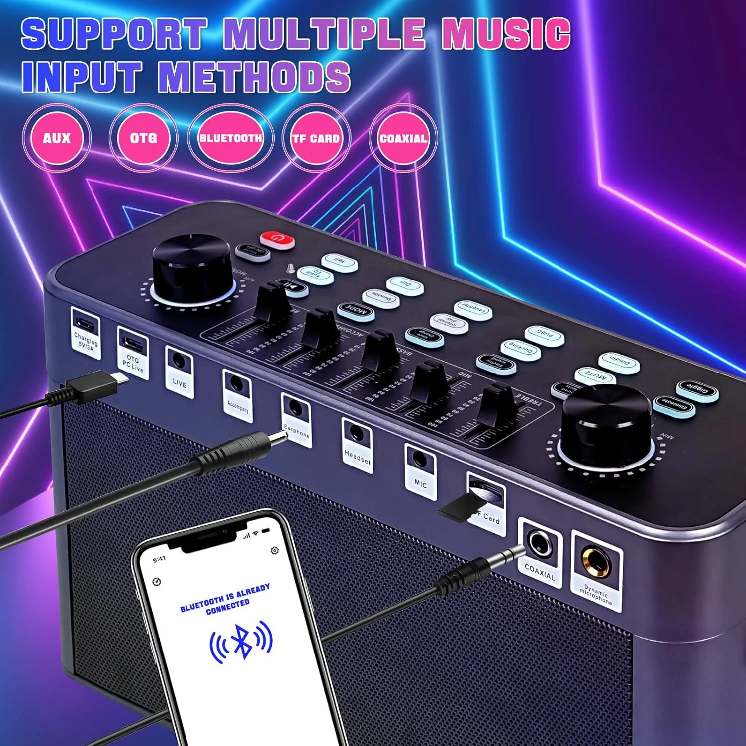 کارت صدای زنده با بلندگو، دستگاه کارائوکه بلوتوث قابل حمل با 2 میکروفون بی سیم و ریموت