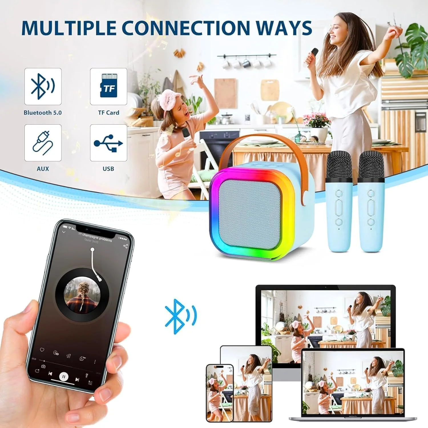 دستگاه کارائوکه قابل حمل مینی با 2 میکروفون بی سیم، بلندگوی بلوتوث، تغییر صدا، چراغ های LED، اسباب بازی آواز خواندن و هدیه برای دختران و پسران 3-12 سال دستگاه کارائوکه قابل حمل مینی با 2 میکروفون بی سیم، بلندگوی بلوتوث، تغییر صدا، چراغ های LED، اسباب بازی آواز خواندن و هدیه برای دختران و پسران 3-12 سال