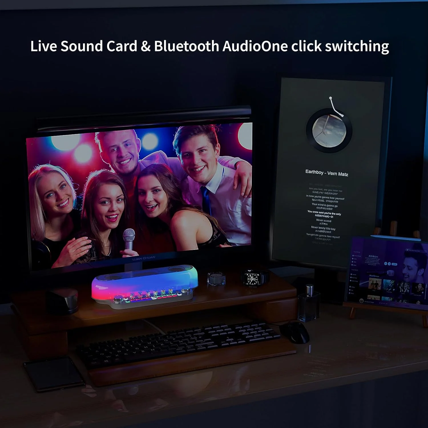 دستگاه کارائوکه بلوتوثی با 2 میکروفون بی سیم، کارت صدای زنده قابل حمل با بلندگو