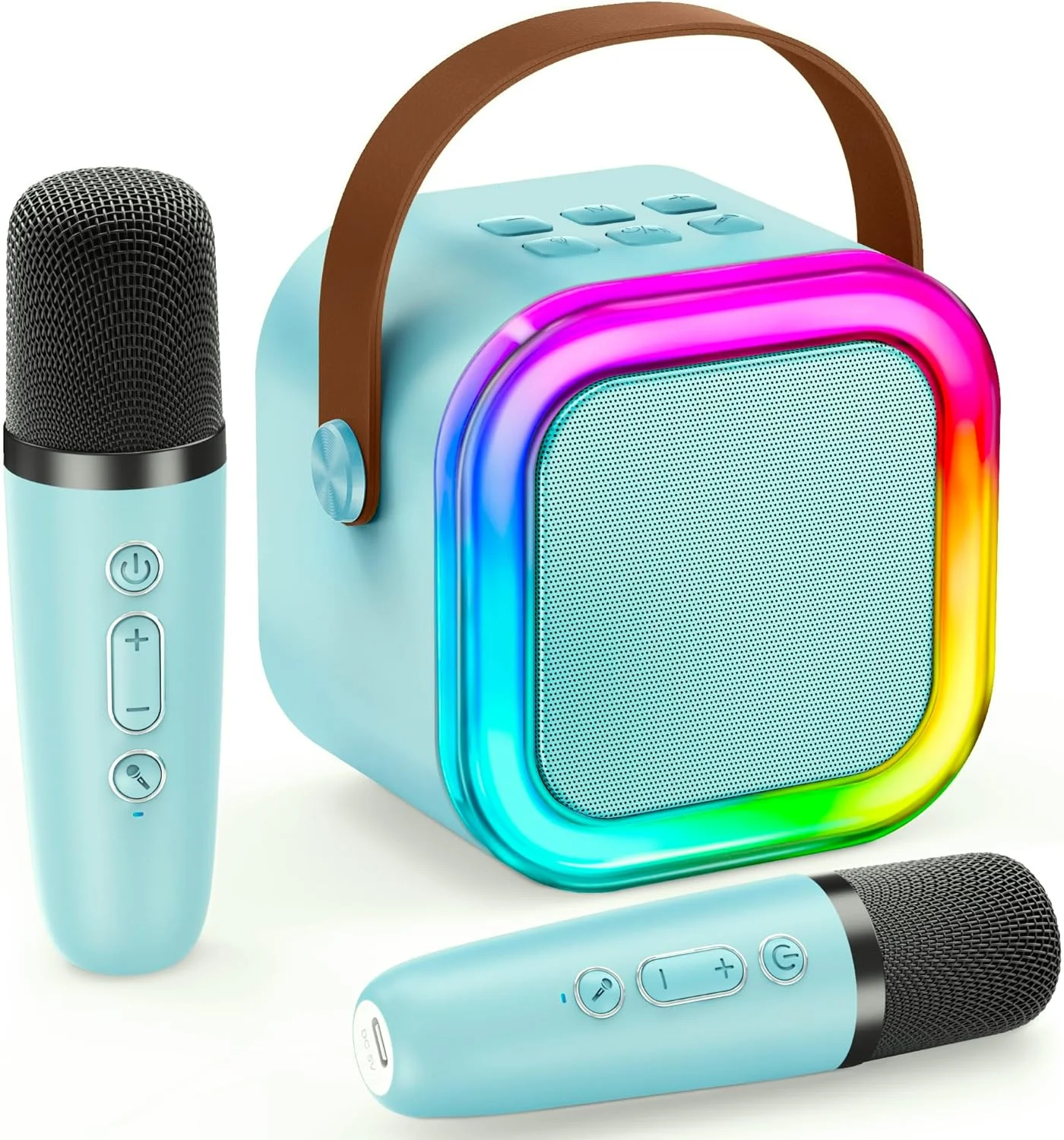 دستگاه کارائوکه مینی IROO با 2 میکروفون، هدیه ای برای کودکان، بلندگوی بلوتوث قابل حمل با جلوه های تغییر صدا و چراغ های LED (آبی)