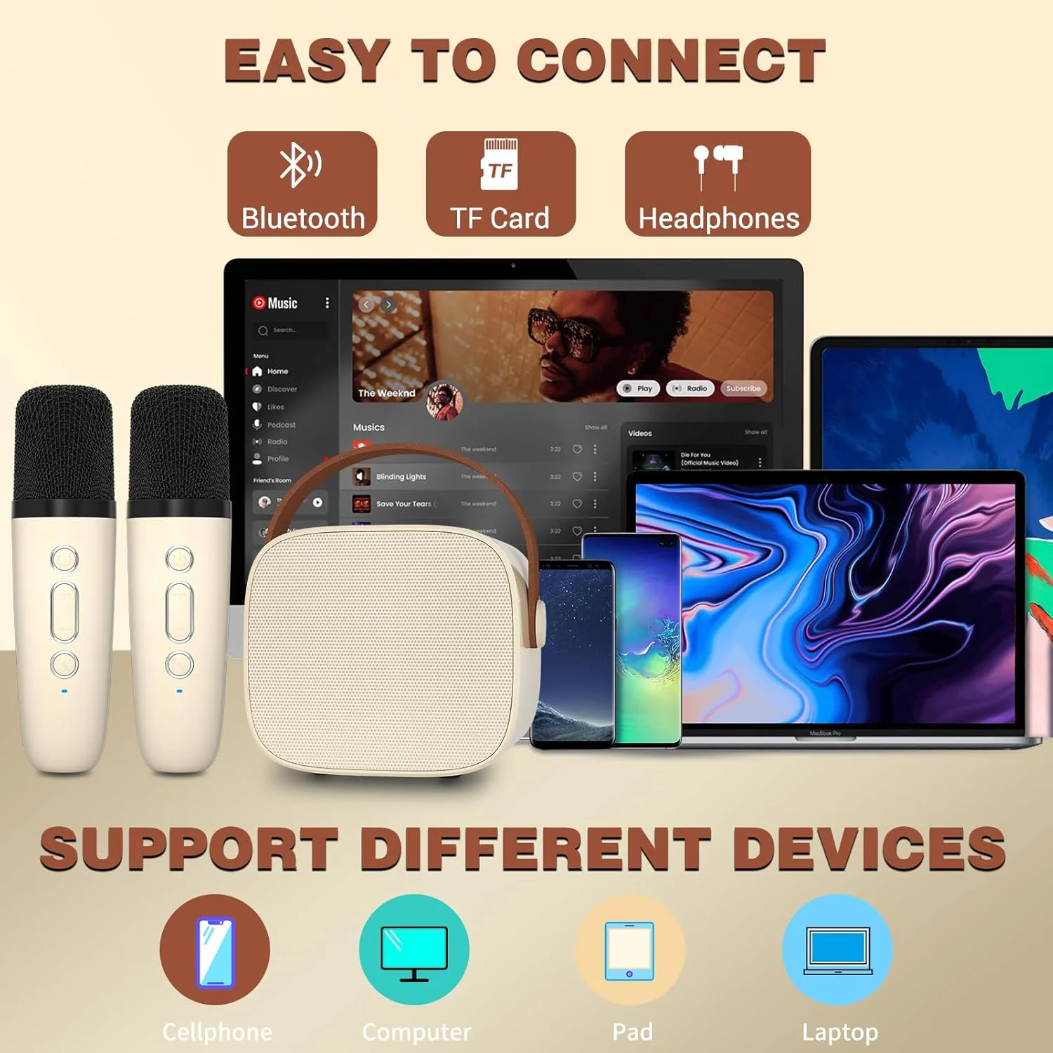 دستگاه کارائوکه IROO برای کودکان، محبوب ترین هدیه تولد و عید پاک برای دختران و پسران 3، 4، 5، 6، 7، 8، 9، 10+ ساله، دستگاه کارائوکه کوچک با 2 میکروفون بی سیم، مهمانی خانگی بلوتوث قابل حمل (بژ)