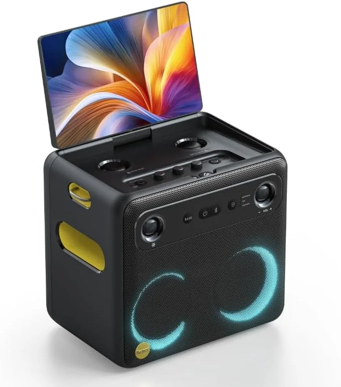 دستگاه کارائوکه برای بزرگسالان، سیستم PA حرفه ای، بلندگوی 300 واتی با صفحه نمایش داخلی، با نمایش متن ترانه و 2 میکروفون خود شارژ شونده، پشتیبانی از WiFi AUX HDMI برای پروژکتور تلویزیون