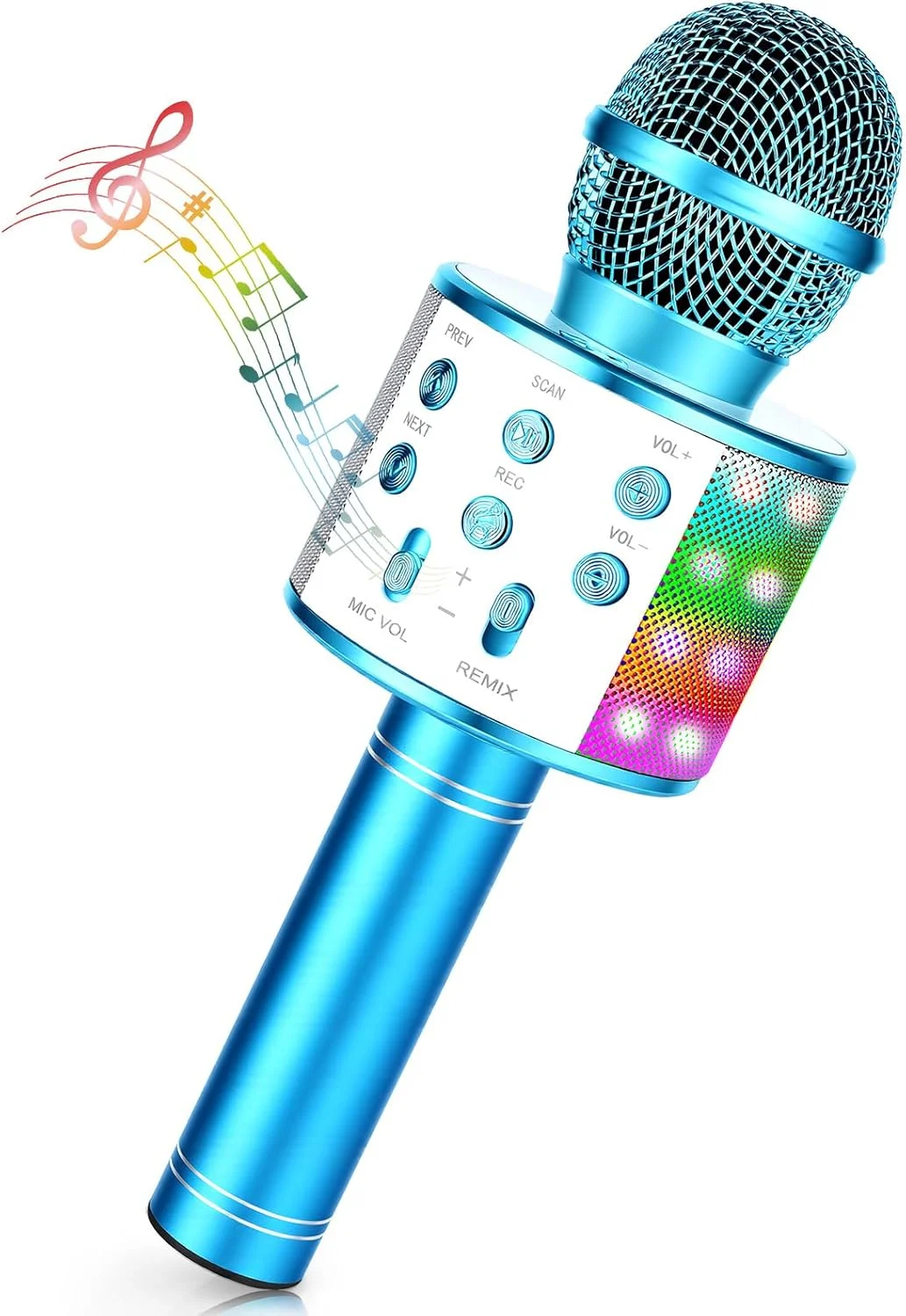 میکروفون کارائوکه برای کودکان، میکروفون بلوتوث بی‌سیم با LED، هدیه برای دختران نوجوان و پسران، دستگاه کارائوکه قابل حمل برای آواز خواندن، ضبط کننده بلندگوی KTV برای تلفن هوشمند و کامپیوتر (آبی)
