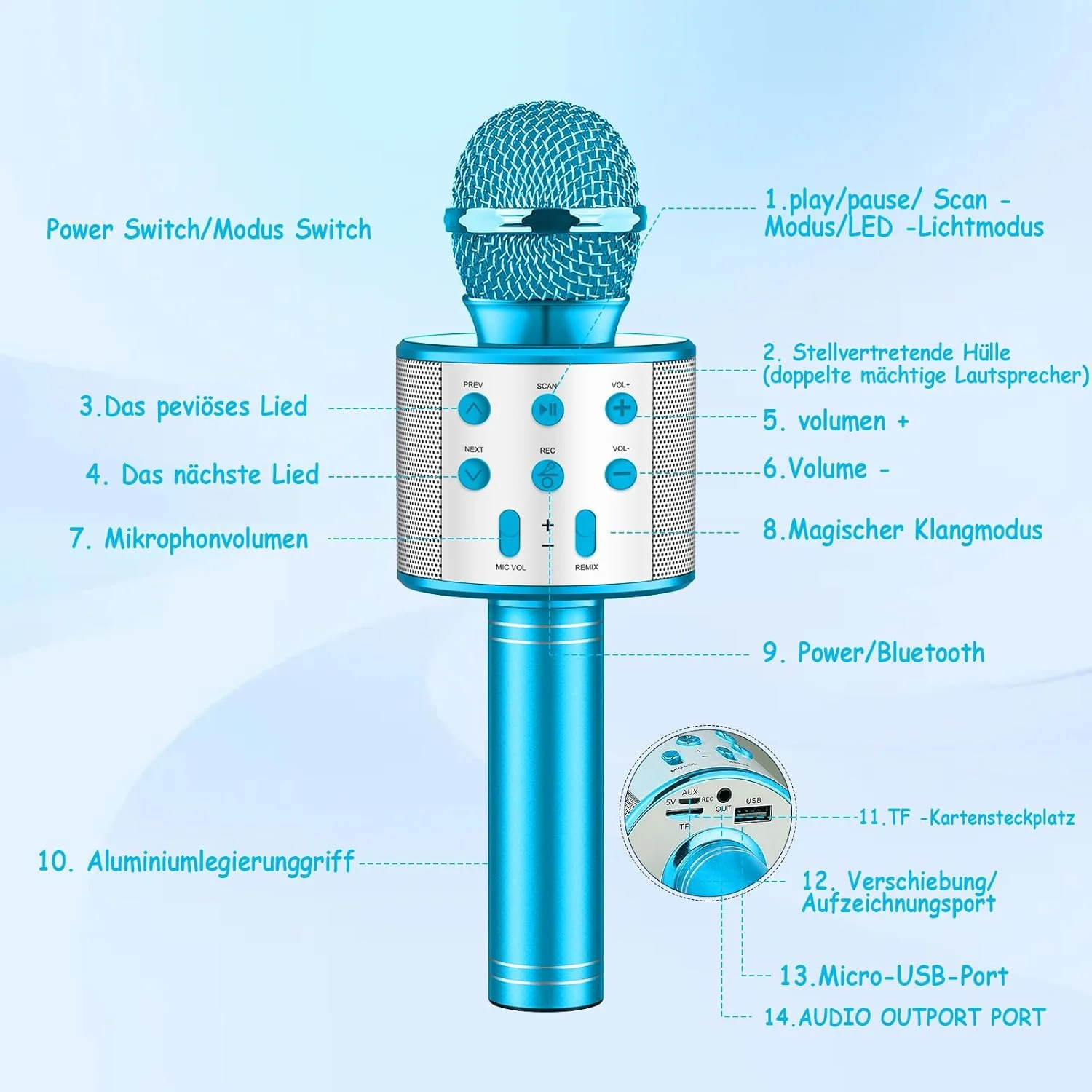 میکروفون کارائوکه برای کودکان، میکروفون بلوتوث بی‌سیم با LED، هدیه برای دختران نوجوان و پسران، دستگاه کارائوکه قابل حمل برای آواز خواندن، ضبط کننده بلندگوی KTV برای تلفن هوشمند و کامپیوتر (آبی)