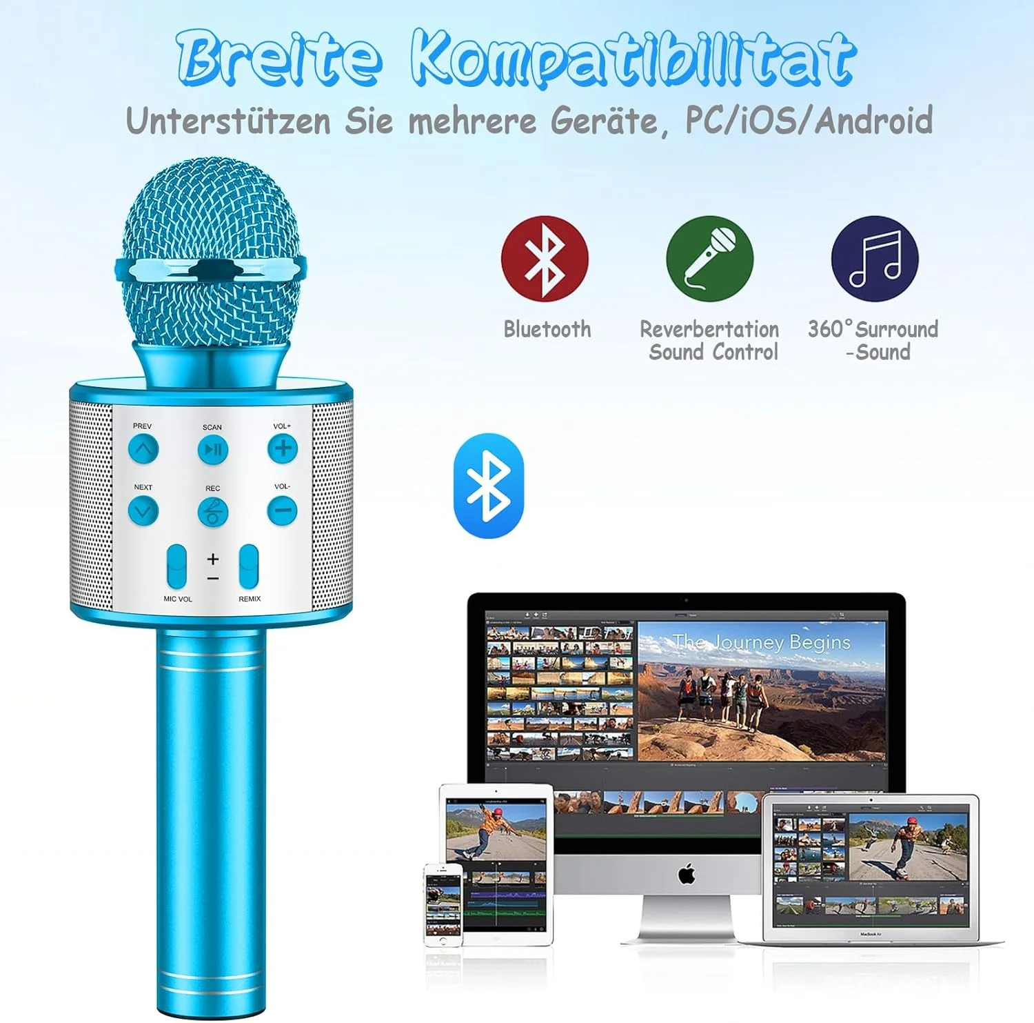 میکروفون کارائوکه برای کودکان، میکروفون بلوتوث بی‌سیم با LED، هدیه برای دختران نوجوان و پسران، دستگاه کارائوکه قابل حمل برای آواز خواندن، ضبط کننده بلندگوی KTV برای تلفن هوشمند و کامپیوتر (آبی)