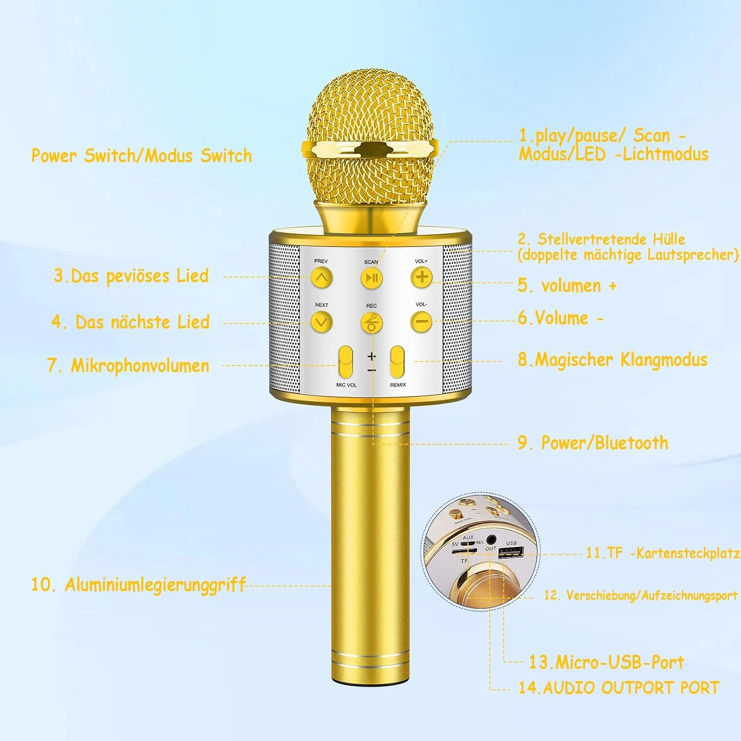میکروفون کارائوکه برای کودکان، میکروفون بلوتوث بی‌سیم با LED، هدیه برای دختران نوجوان، دستگاه کارائوکه قابل حمل برای آواز خواندن، ضبط کننده بلندگوی KTV برای تلفن هوشمند و کامپیوتر (طلایی)