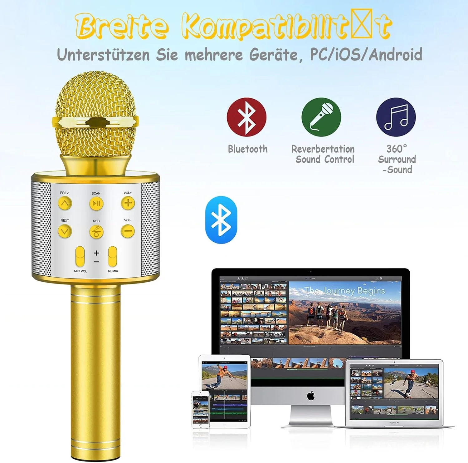 میکروفون کارائوکه برای کودکان، میکروفون بلوتوث بی‌سیم با LED، هدیه برای دختران نوجوان، دستگاه کارائوکه قابل حمل برای آواز خواندن، ضبط کننده بلندگوی KTV برای تلفن هوشمند و کامپیوتر (طلایی)