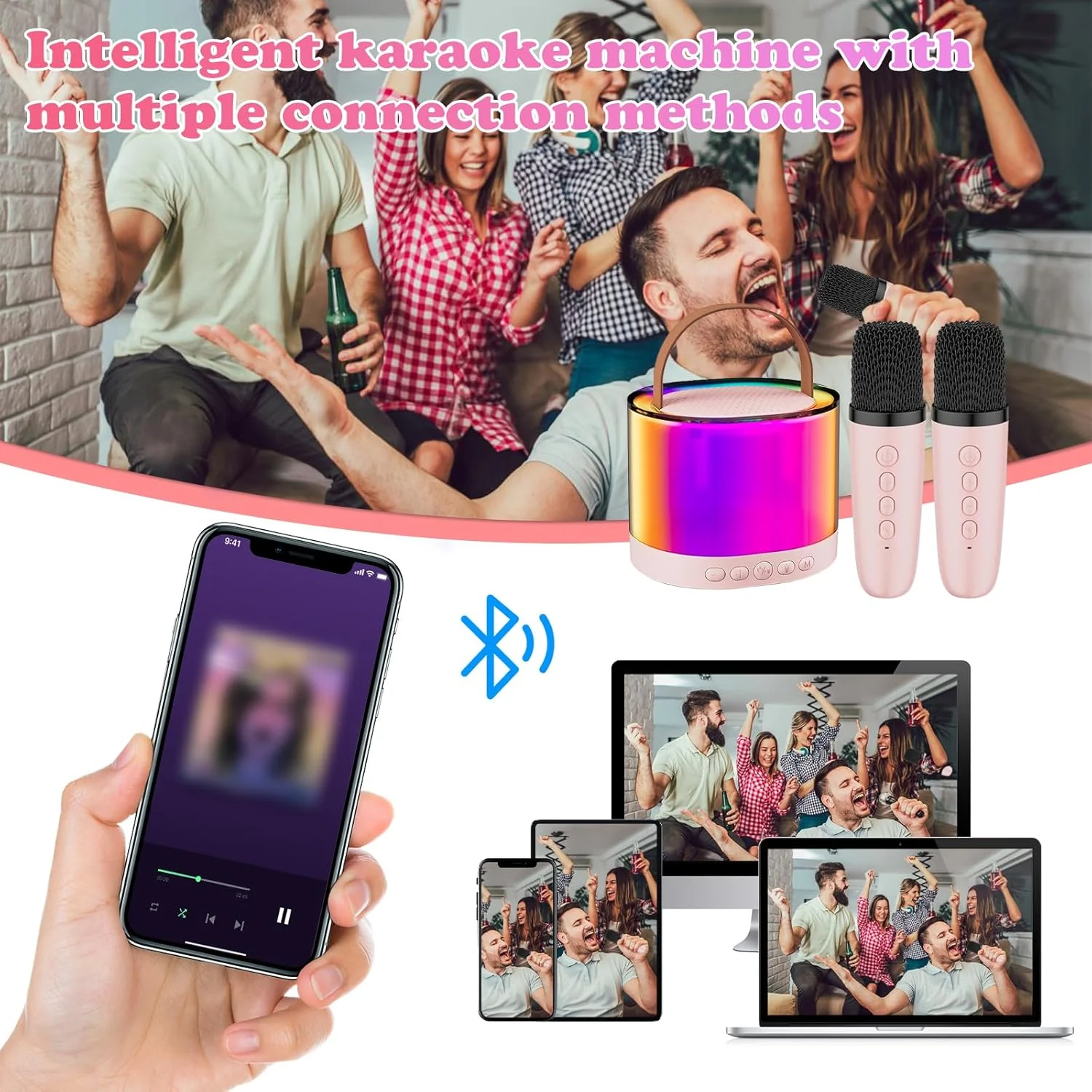 دستگاه کارائوکه با 2 میکروفون، دستگاه کارائوکه بلوتوث قابل حمل برای کودکان و بزرگسالان با جلوه های تغییر صدا و چراغ های LED، هدیه برای مهمانی خانگی دستگاه کارائوکه با 2 میکروفون، دستگاه کارائوکه بلوتوث قابل حمل برای کودکان و بزرگسالان با جلوه های تغییر صدا و چراغ های LED، هدیه برای مهمانی خانگی