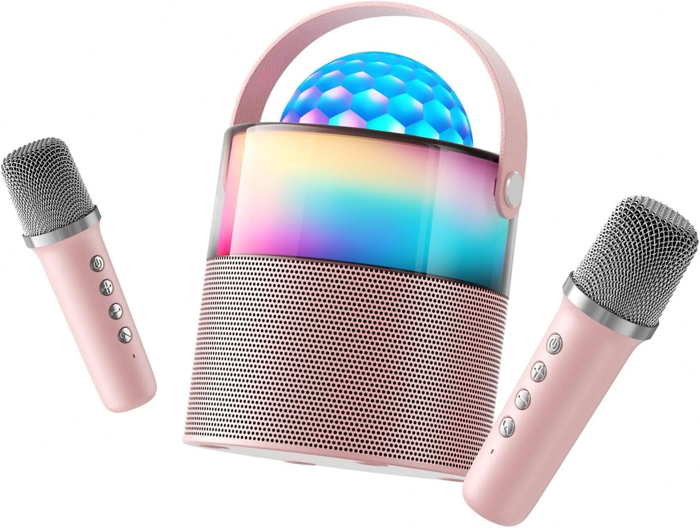 دستگاه کارائوکه، اسپیکر بلوتوثی کوچک و قابل حمل بی سیم با 2 میکروفون بی سیم برای بزرگسالان و کودکان، دستگاه آواز، چراغ های LED دیسکو برای سفر، مهمانی خانگی، هدیه برای دختران و پسران (صورتی)