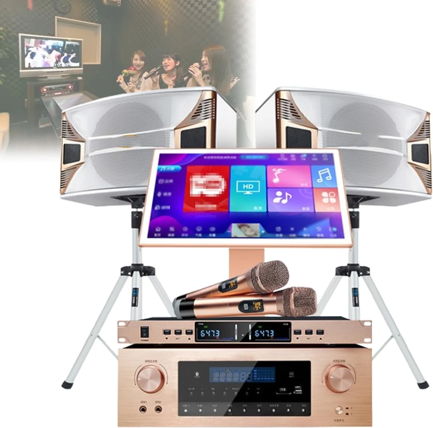 دستگاه کارائوکه صفحه لمسی 22 اینچی با حافظه هارد دیسک 1 ترابایت/2 ترابایت/3 ترابایت/4 ترابایت/8 ترابایت، آمپلی فایر 550 واتی، درخواست آهنگ هوشمند صوتی با 2 میکروفون بی سیم ریورب و 2 بلندگو برای مهمانی خانگی و KTV تجاری