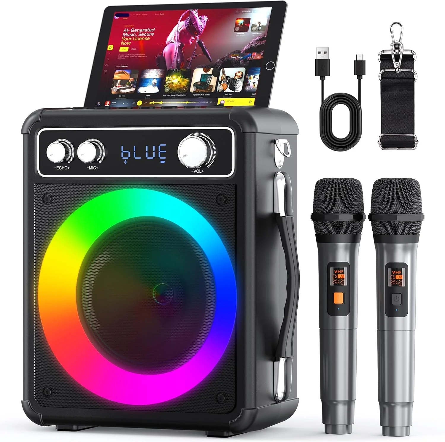 دستگاه کارائوکه Ankuka، اسپیکر بلوتوث قابل حمل با 2 میکروفون بی سیم، سیستم PA برای بزرگسالان و کودکان با چراغ های LED، پشتیبانی از TWS/Rec/FM/AUX/USB/TF برای مهمانی خانگی