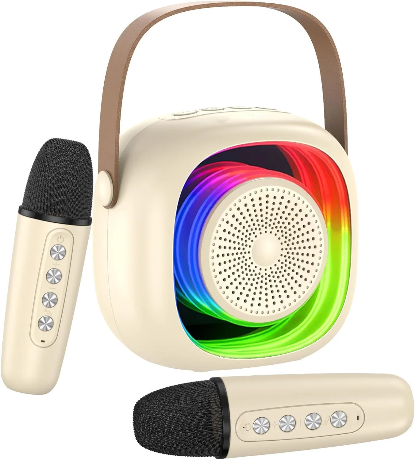 دستگاه کارائوکه کوچک NALACAL، مجموعه بلندگوی میکروفون قابل شارژ، سیستم بلندگوی کارائوکه با 2 میکروفون بی سیم و فلاش LED پویا، دستگاه کارائوکه برای جشن تولد مهمانی خانگی (سفید مایل به کرم)