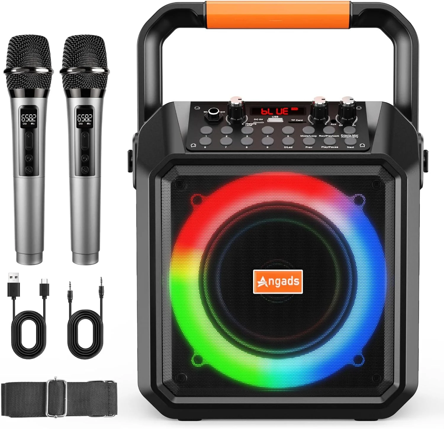 دستگاه کارائوکه قابل حمل Angads با بلندگوی بلوتوث و 2 میکروفون بی سیم - سیستم PA، چراغ های LED، پشتیبانی از USB/TF/AUX برای مهمانی های خانگی (بزرگسالان و کودکان)