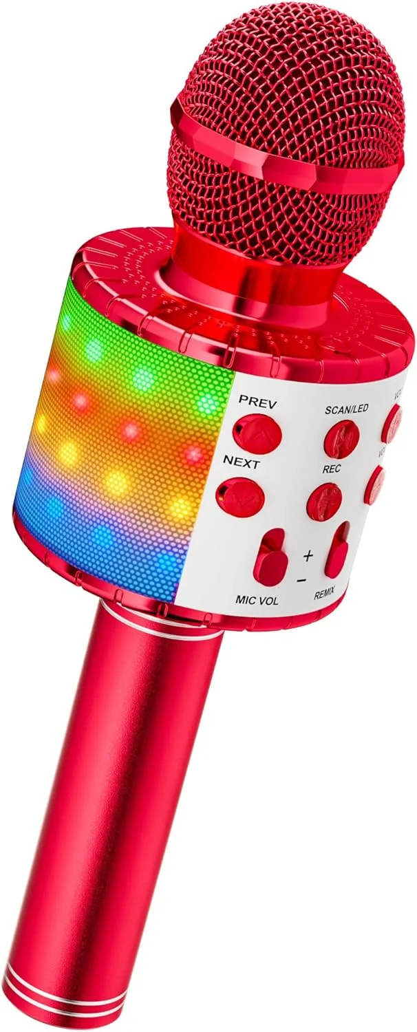 میکروفون کارائوکه بی سیم Ankuka، میکروفون کارائوکه برای کودکان با چراغ های رقص LED، میکروفون بلوتوث برای کودکان، دختران، پسران، برای مهمانی ها، آواز خواندن، ایده هدیه تولد کریسمس قرمز