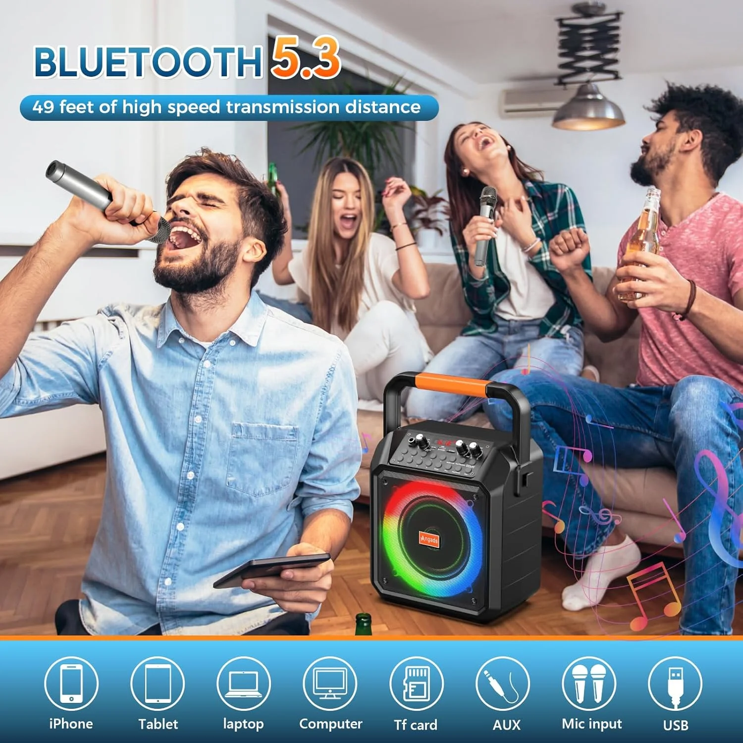دستگاه کارائوکه قابل حمل Angads با بلندگوی بلوتوث و 2 میکروفون بی سیم - سیستم PA، چراغ های LED، پشتیبانی از USB/TF/AUX برای مهمانی های خانگی (بزرگسالان و کودکان) دستگاه کارائوکه قابل حمل Angads با بلندگوی بلوتوث و 2 میکروفون بی سیم - سیستم PA، چراغ های LED، پشتیبانی از USB/TF/AUX برای مهمانی های خانگی (بزرگسالان و کودکان)
