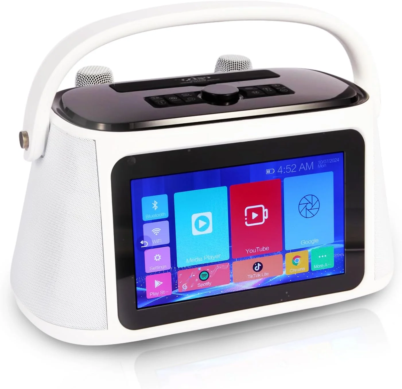 دستگاه کارائوکه قابل حمل Play P10 با تبلت اندرویدی 32 گیگابایتی، اسپیکر کارائوکه هوشمند قابل حمل با صفحه نمایش لمسی 10.1 اینچی نمایش متن ترانه و توان خروجی 300 وات، 2 میکروفون بی سیم، اسپیکر حرفه ای مهمانی برای دورهمی ها