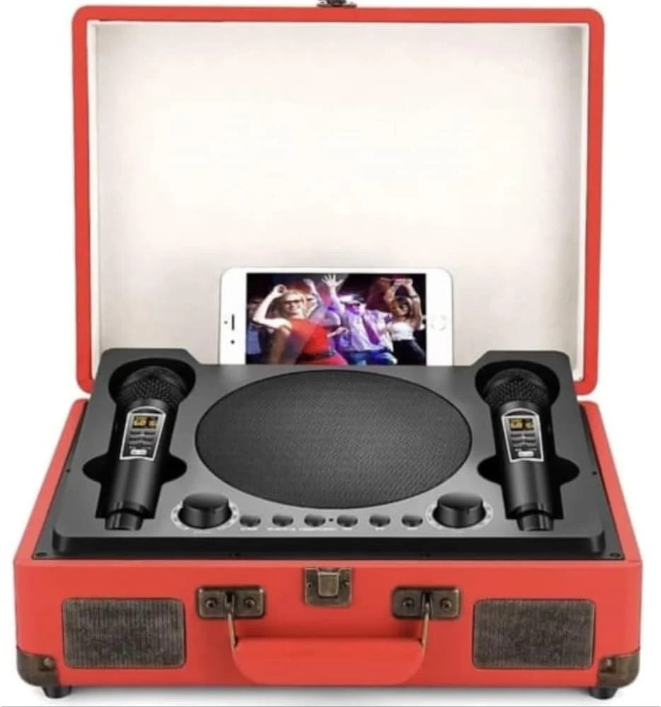 اسپیکر کارائوکه بلوتوث چمدانی قابل حمل با 2 میکروفون دوگانه برای کارائوکه خانوادگی/ارائه KTV داخلی و خارجی (قرمز)