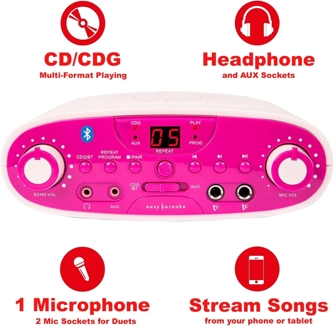 دستگاه کارائوکه بلوتوث قابل حمل ایزی کارائوکه EKG88B همراه با 1 عدد میکروفون، سوکت هدفون و AUX برای پخش MP3 - صورتی دستگاه کارائوکه بلوتوث قابل حمل ایزی کارائوکه EKG88B همراه با 1 عدد میکروفون، سوکت هدفون و AUX برای پخش MP3 - صورتی