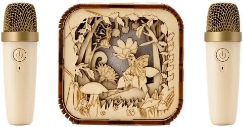 دستگاه کارائوکه چوبی برای کودکان و بزرگسالان، اسپیکر کارائوکه بلوتوثی کوچک قابل حمل با 2 میکروفون بی سیم و چراغ، پشتیبانی از AUX/TF، هدیه برای تولد، مهمانی خانوادگی، مهمانی خانگی و اسباب بازی برای دختران/پسران