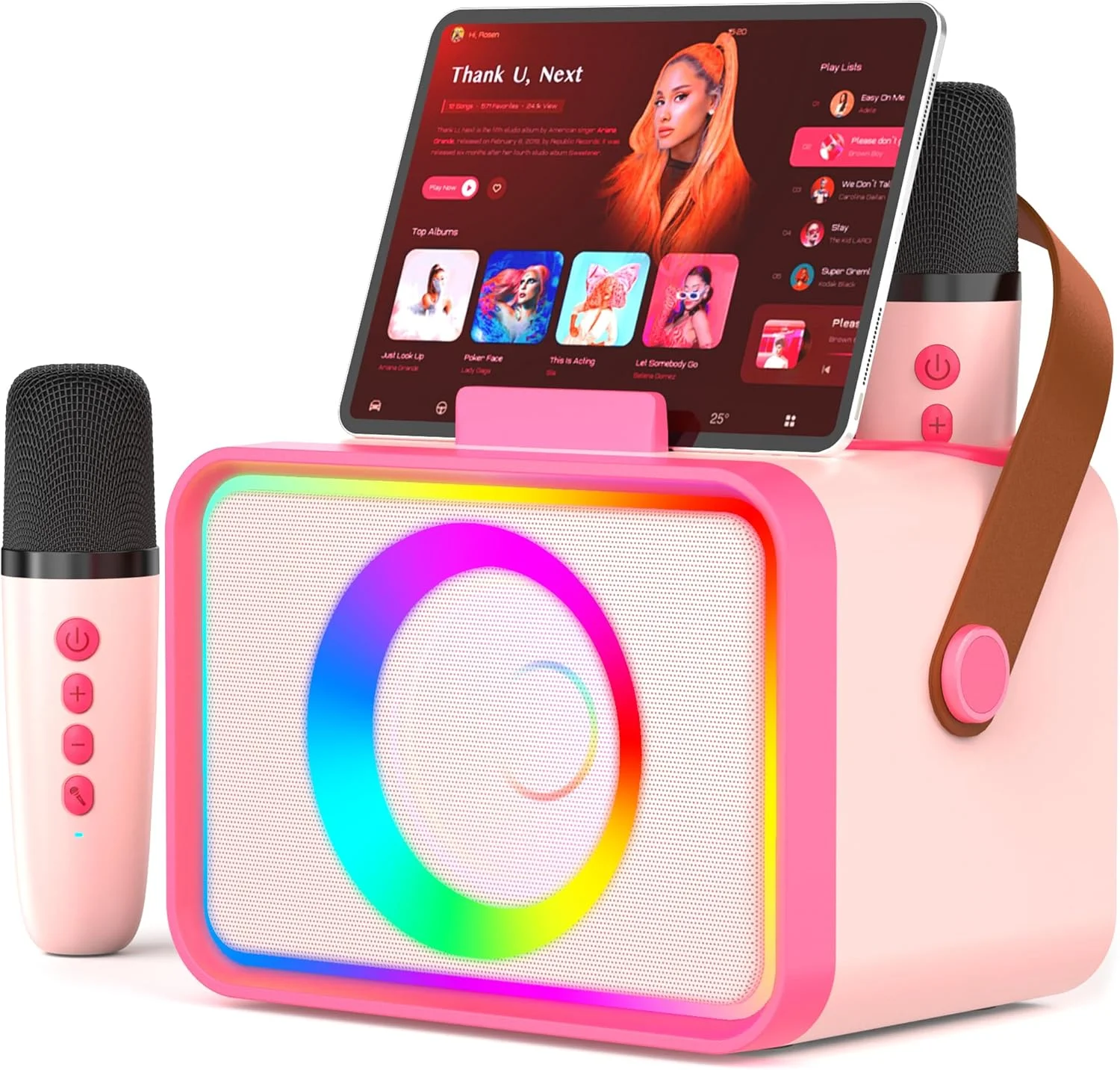 دستگاه کارائوکه، اسپیکر کارائوکه بلوتوث قابل حمل با 2 میکروفون بی سیم برای بزرگسالان و کودکان، اسباب بازی با چراغ های LED، میکروفون کارائوکه، دستگاه کارائوکه قابل حمل (صورتی قرمز)