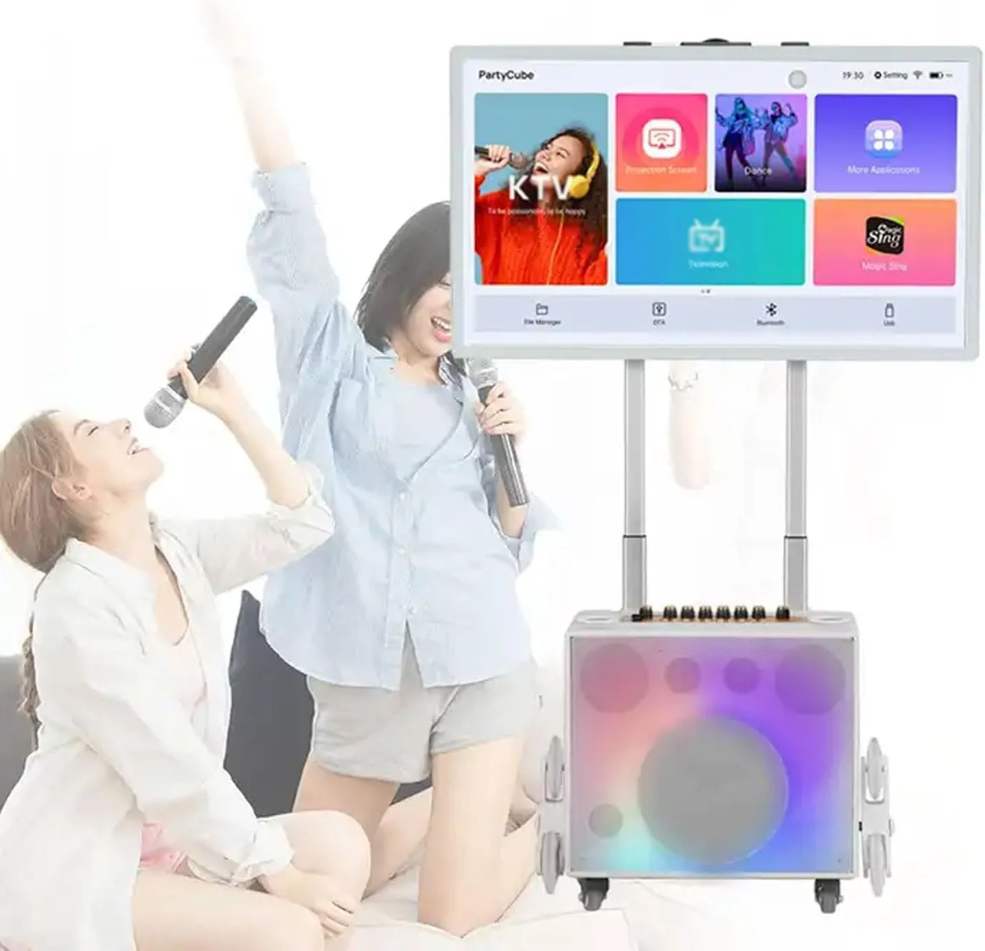 دستگاه کارائوکه حرفه ای، سیستم بلندگوی PA کارائوکه بلوتوث قابل حمل با تبلت لمسی 32 اینچی، 2 میکروفون بی سیم، بلندگوی LED رنگی تاشو برای فضای باز، کمپینگ، مهمانی