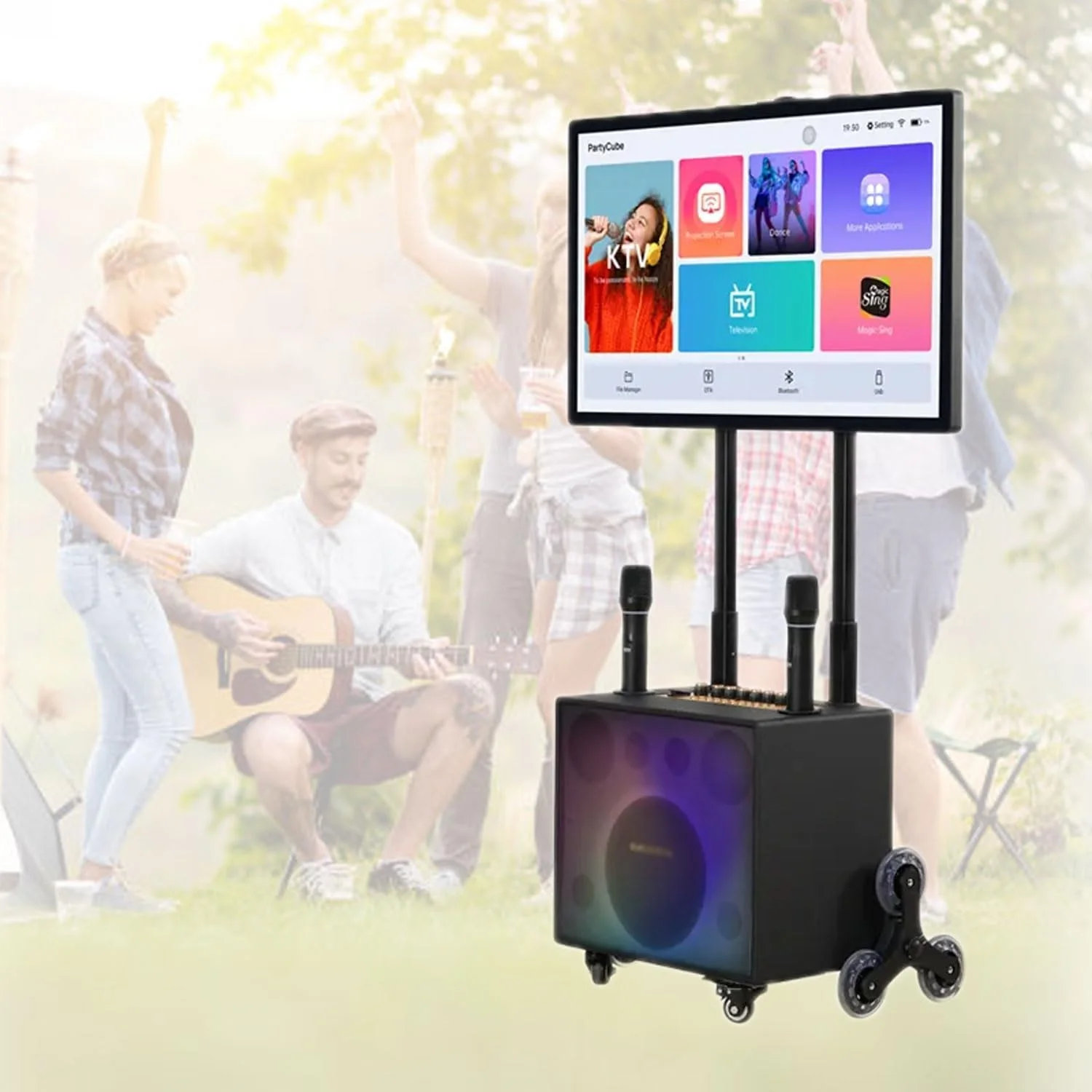 دستگاه کارائوکه قابل حمل فضای باز، بلندگوی بلوتوثی صفحه لمسی حرفه ای 148 واتی با صفحه نمایش 32 اینچی، هارد دیسک 512 گیگابایتی، بلندگوی LED تاشو رنگی برای کمپینگ