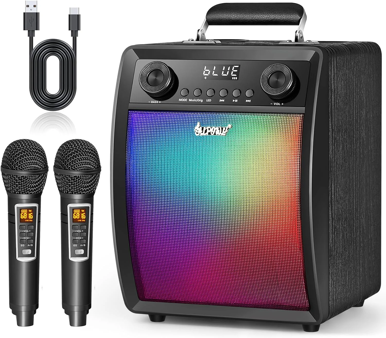 دستگاه کارائوکه ALPOWL برای بزرگسالان و کودکان با 2 میکروفون بی سیم UHF، سیستم PA بلندگوی بلوتوث قابل حمل با چراغ های LED برای مهمانی خانگی، عروسی، کلیسا، پیک نیک، فضای باز/داخلی