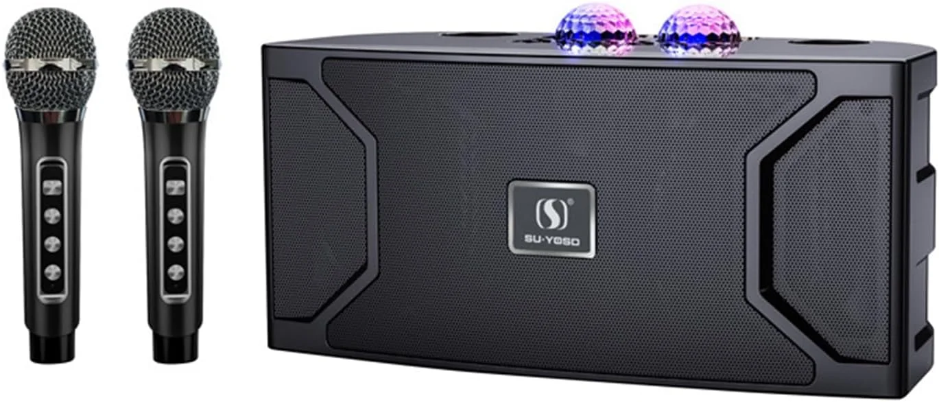 دستگاه کارائوکه قابل حمل ACHAS با بلوتوث، سیستم بلندگوی PA با 2 میکروفون بی سیم و نور LED، دستگاه آواز خانگی برای مهمانی های داخلی و خارجی، مهمانی خانوادگی (مشکی)، YS-211