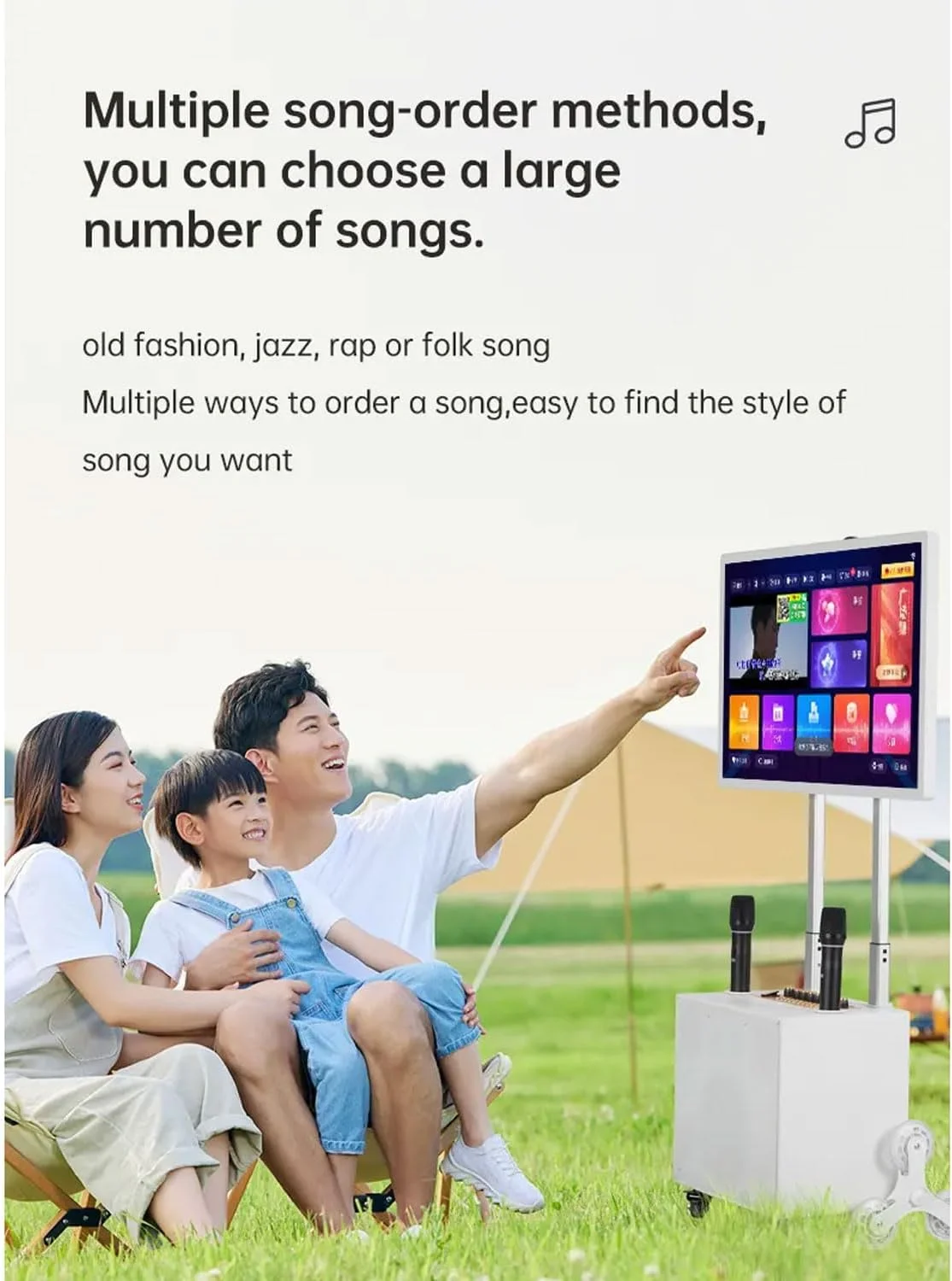 دستگاه کارائوکه قابل حمل فضای باز، بلندگوی بلوتوثی صفحه لمسی حرفه ای 148 واتی با صفحه نمایش 32 اینچی، هارد دیسک 512 گیگابایتی، بلندگوی LED تاشو رنگی برای کمپینگ