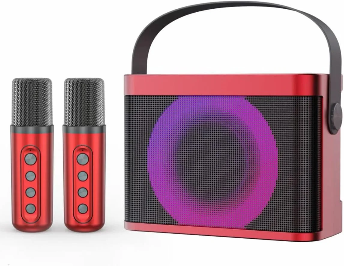 دستگاه کارائوکه ACHAS، اسپیکر بلوتوثی با 2 میکروفون بی سیم، کارائوکه بلوتوثی قابل حمل با نور LED و دسته حمل، سیستم بلندگوی PA 15 واتی (قرمز)